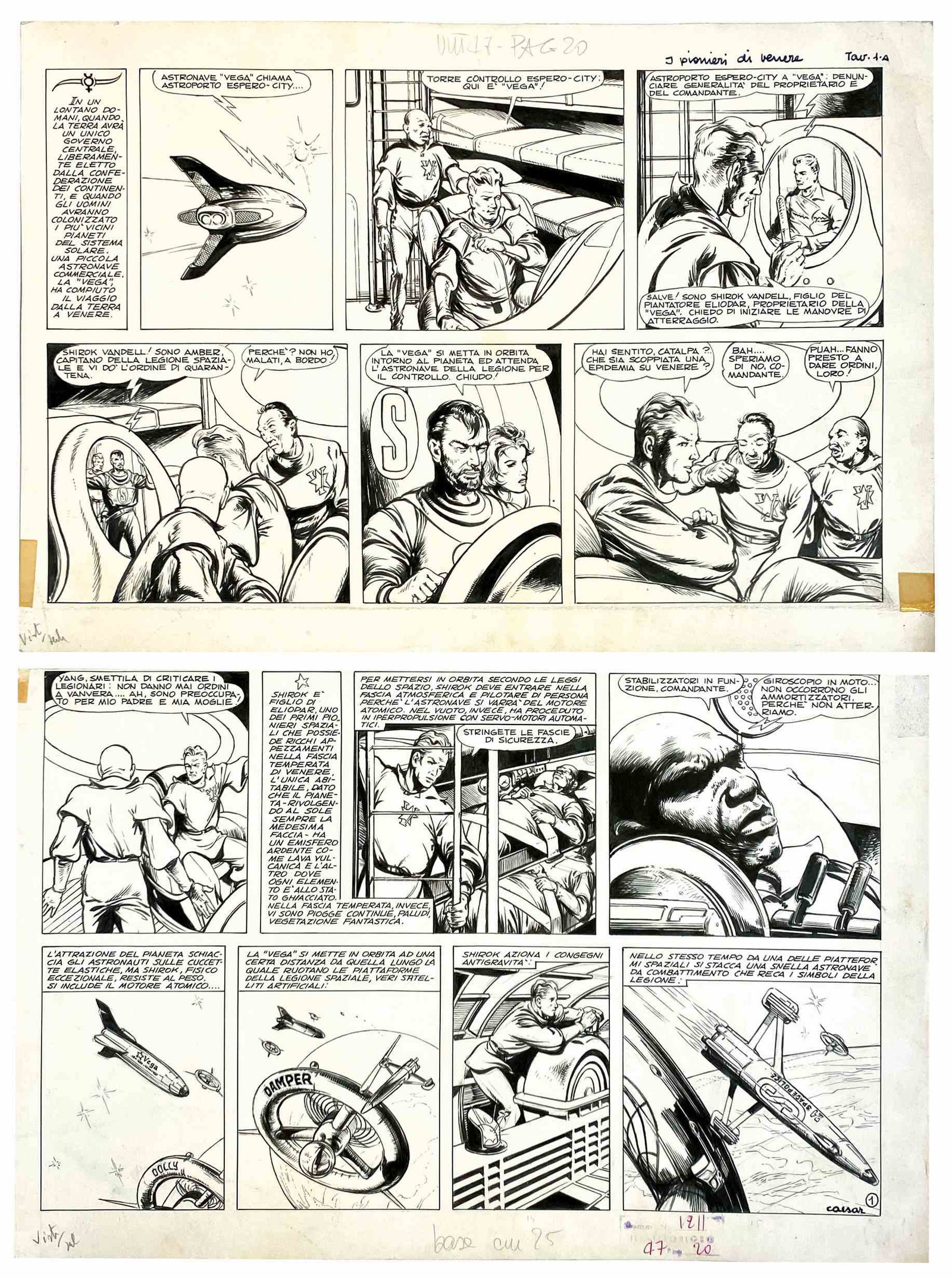 CORRADO CAESAR - I Pionieri di Venere: Tavola originale per la storia pubblicata ne â€œIl Vittorioso” nÂ°47 del 1959. Matita e china su due pannelli cartoncino. Complessivi cm 45x40,5. Titolata e firmata, buono stato. ENG Origi