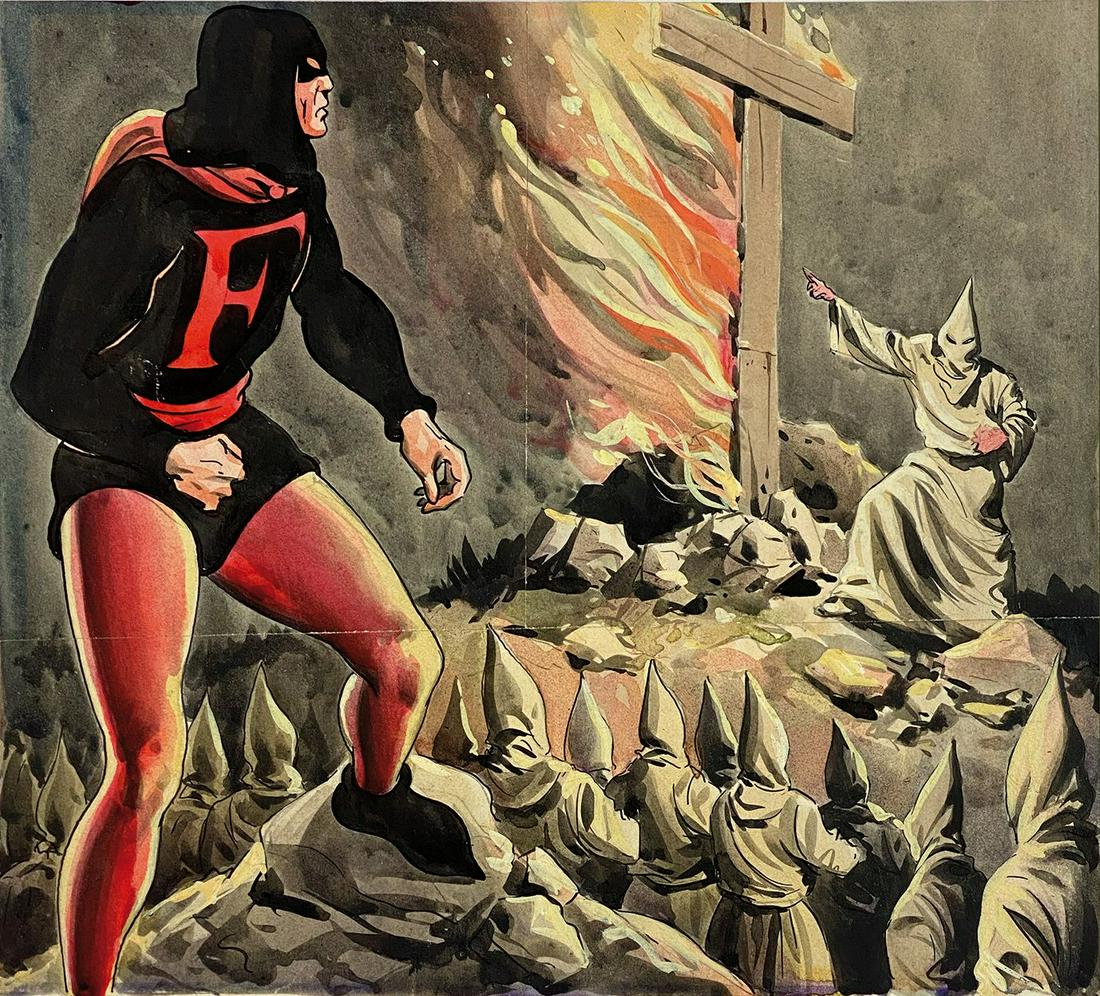 MAIRANI - Fantax contro il Ku-Klux-Klan: ALVARO MAIRANI - Fantax contro il Ku-Klux-Klan. Originale di copertina per l'albo edito da De Leo il 31 dicembre 1948. Matita, china e acquerello su cartoncino; tre pannelli raccordati. Complessivi cm