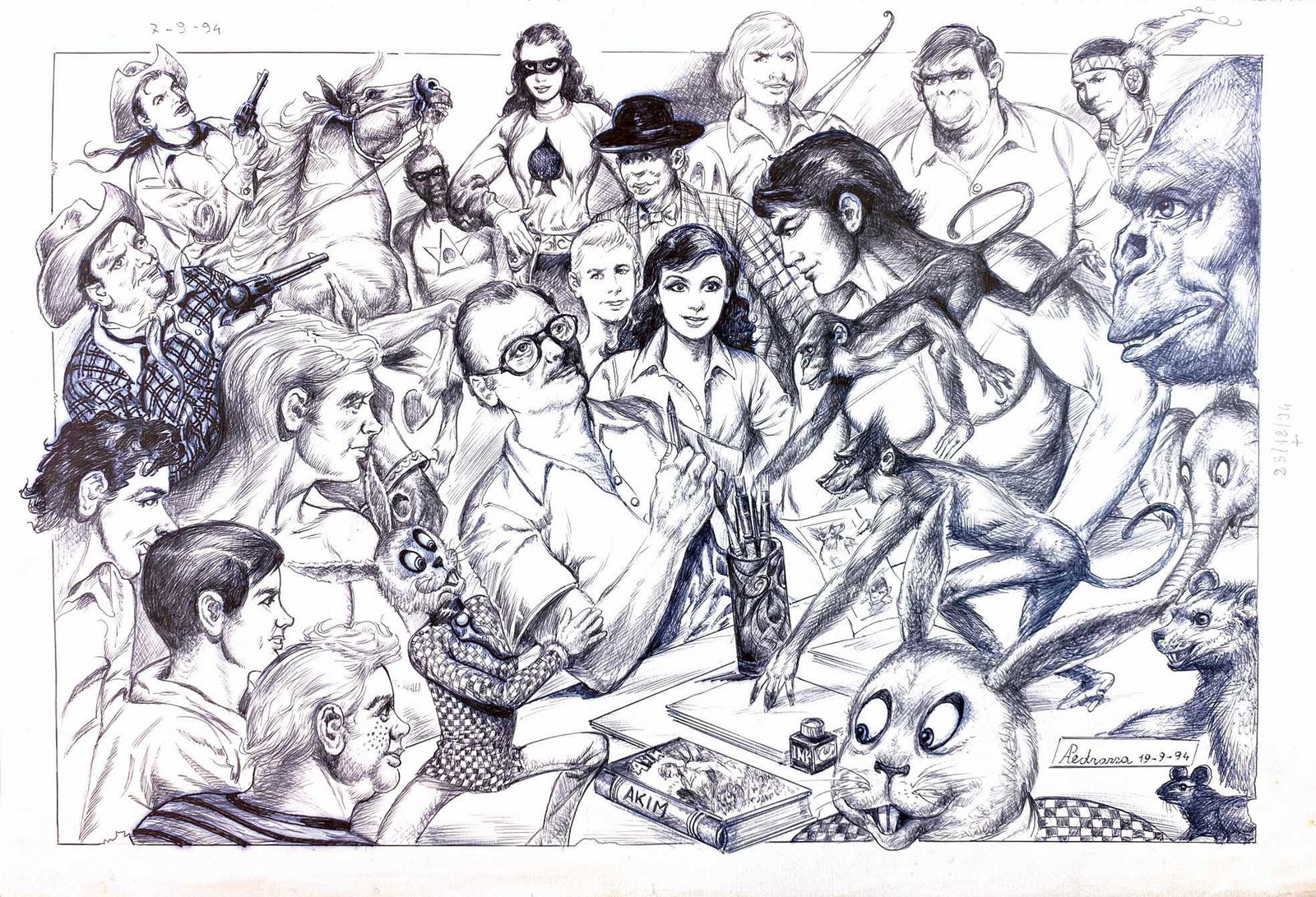 AUGUSTO PEDRAZZA - I Miei Personaggi: Autoritratto del disegnatore con le sue creazioni. Matita e china su cartoncino, cm 33x48. Firmato e datato 1994. Ottimo stato. ENG Self-portrait of the Artist with his creations. Pencil and Indian in