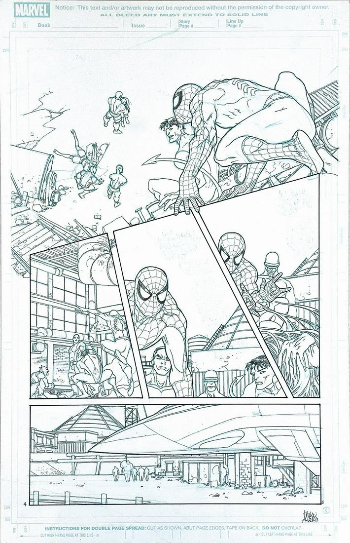 MARIO ALBERTI - Spiderman/X Men: Tavola originale pubblicata a pag.5 del nÂ°4 edito negli USA nel 2009 ed in Italia nel 2010. Lapis e matita blu su cartoncino professionale Marvel. Cm 43,5x28 firmata. Ottimo stato. ENG Original art
