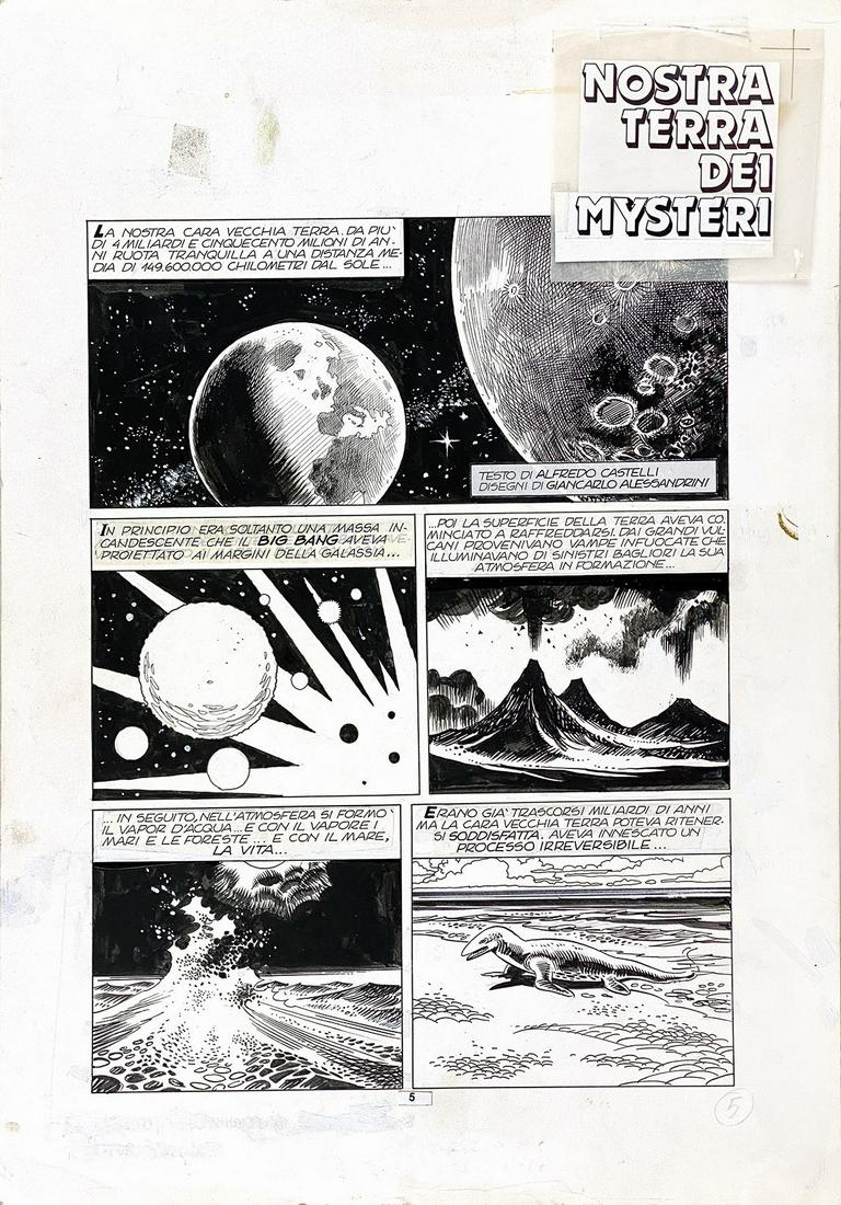 ALESSANDRINI - Nostra Terra dei Mysteri: GIANCARLO ALESSANDRINI; ALFREDO CASTELLI - Nostra Terra dei Mysteri. Tavola originale n. 5, splash page pubblicata in â€œAlmanacco del Mistero 1988”, Bonelli, 1987. Matita, china e tempera b