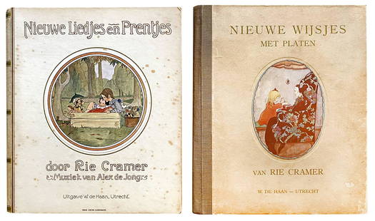 R. CRAMER - Nieuwe Liedjes en Prentjes: RIE CRAMER - Nieuwe Liedjes en Prentjes e Nieuwe Wijsjes met Platen. W. De Haan, Utrecht. due voluÂ­metti con partiture musicali; cm 21x24 con 12 deliziose illustraÂ­zioni (tonde e ovali)