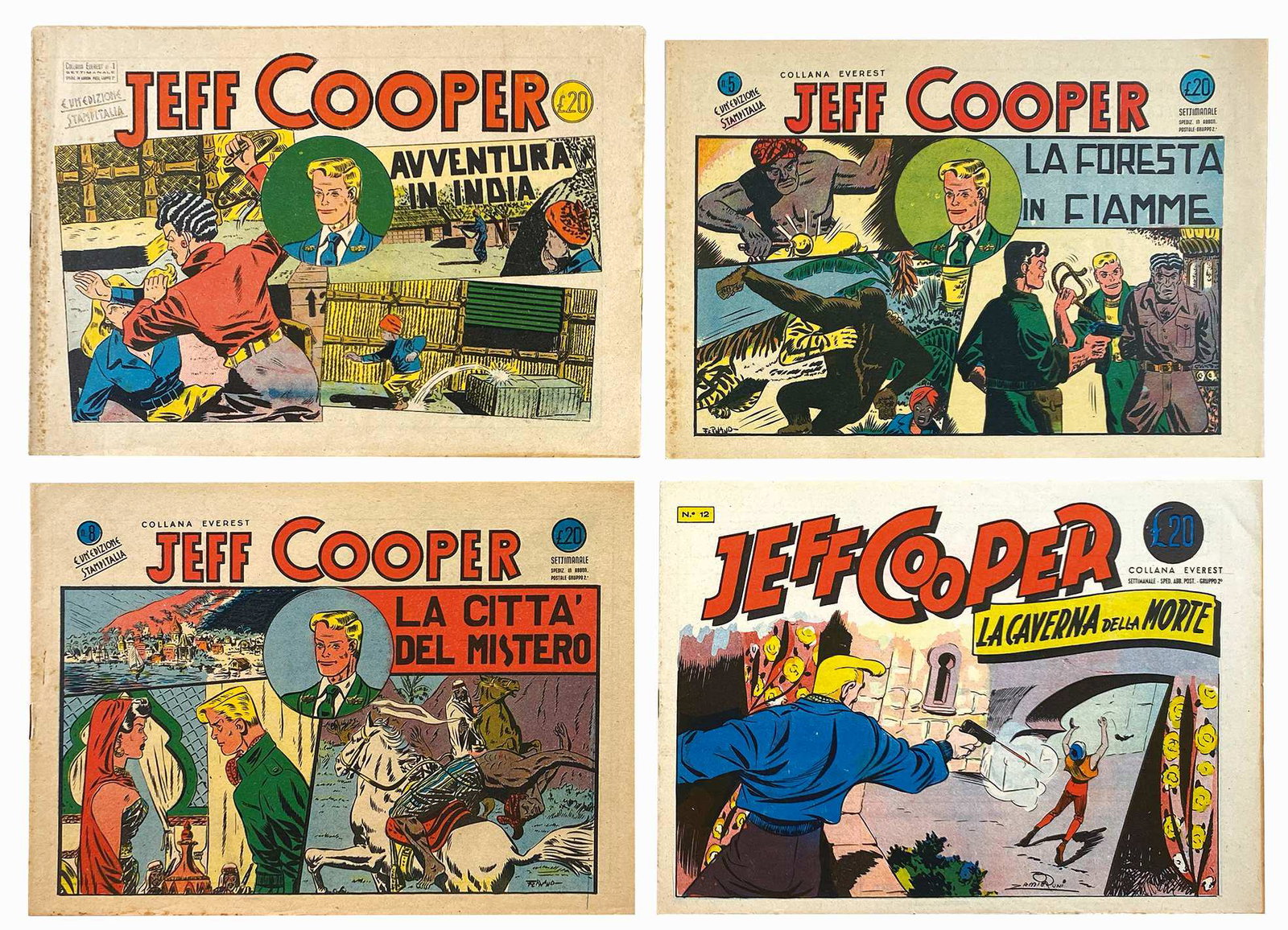 FUSCO; ZAMPERONI - Jeff Cooper: Collana "Everest", Edizioni Stampitalia, 1948. Serie completa da n. 1 a 12. Spillati cm 18x25. Ottima, nuova. Tentativo italiano di emulare il successo di Terry e i Pirati di Caniff.