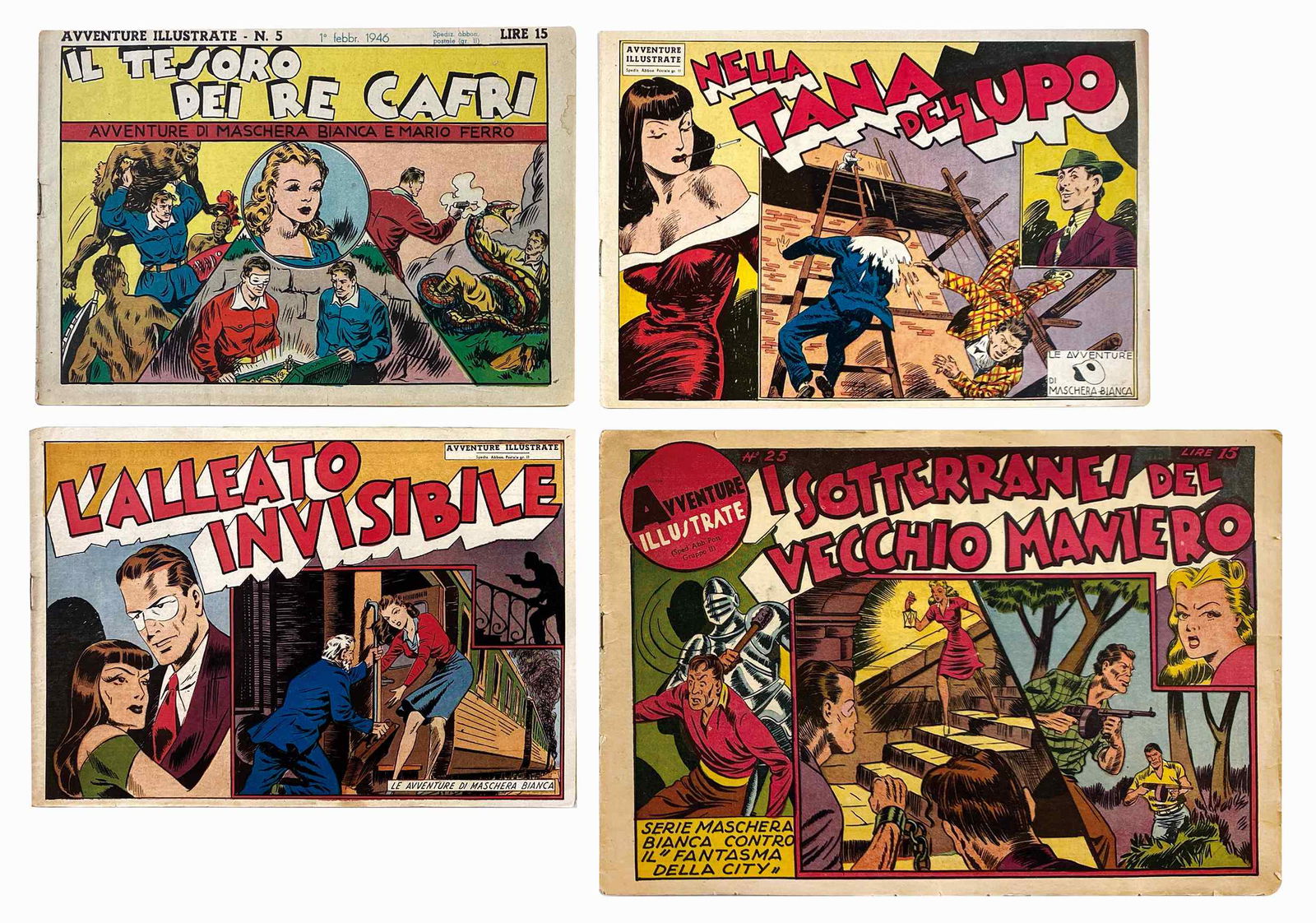 Avventure Illustrate - Maschera Bianca: VITTORIO E GINO COSSIO; GRASSETTI; POLESE - Avventure Illustrate - Maschera Bianca. Collezione completa da n. 1 a 36. EdiÂ­zioni Nuova Esperia, 1945. Spillati, cm 17,2x24,5. Quindi cm 21x30,5. N. 1