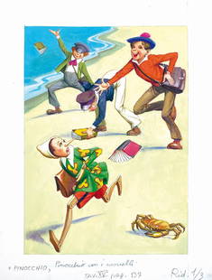 S. BARALDI - Pinocchio con i Monelli: SEVERINO BARALDI - Pinocchio con i Monelli. Illustrazione per la 15a tavola fuori testo pubblicata a pagina 137 dell'edizione De Agostini, 1993. Tecnica mista su carÂ­toncino, cm 28x21. Eccellente