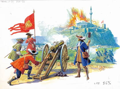 SEVERINO BARALDI - L'Assedio di Atene: Illustrazione storica per Edizioni Fabbri, anni '90. Tecnica mista su cartoncino, cm 21x28. Ottimo stato. ENG Historical illustration for Edizioni Fabbri, 90s. Mixed media on cardboard, cm 21x28.