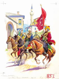SEVERINO BARALDI - Diakos e Botsaris: Illustrazione per la tavola fuori testo pubblicata a pag. 25 dell'edizione FabÂ­bri, anni '90. Tecnica mista su cartonÂ­cino, cm 40,5x30,5. Eccellente stato. ENG Illustration for the hors-texte