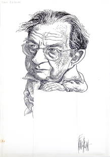 FRANCO BRUNA - I Grandi del Novecento: Lotto composto da quattro riÂ­tratti caricatura: Eric Fromm, Bertrand Russell, Lorenz Conrad, Gandhi. Matita e china su cartoncino, cm 35x24. Firmate, non datate ma anni '90. Una piccola