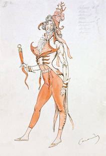 CARAMBA - Cavaliere del Corno di Corallo: CARAMBA (Luigi Sapelli) - Cavaliere del Corno di Corallo. Figurino teatrale seconda metÃ 800. Matita, china, acquerello e oro su carta. Cm 29x19,5. Firmato. Applicato su carÂ­toncino cm 35x26. A