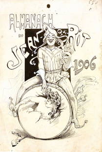 F. CARETTA - Almanach du Jean qui Rit: FERNANDO CARETTA - Almanach du Jean qui Rit 1906. Originale di copertina per almanacco satirico francese d'inizio secolo. Tecnica mista su carta. Cm 45,5x31,5. Firmato. Piccolo strappetto al margine
