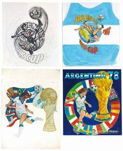FAUSTINELLI - Argentina '78 World Cup: Lotto composto da preliminare di coÂ­pertina anteriore e posteriore (poi scelto dall'editore): tecnica mista su carta cm 27x48; una copertina pittorica inedita: tecnica mista su cartone
