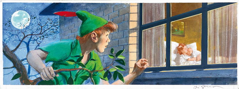 ALDO DI GENNARO - Peter Pan: Illustrazione originale pubblicata per l'editore Bonelli nella rivista: "Dragonero Magazine". Tempera su cartoncino, cm 19x50. Firmata e nuovamente firmata al margine bianco inferiore. Non datata ma