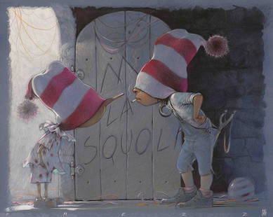 FREZZATO - Pinocchio: Abbasso la Squola!: MASSIMILIANO FREZZATO - Le Avventure di Pinocchio: Abbasso la Squola! Illustrazione originale per Pinocchio, edizioni Little Nemo, Torino, 2011. TecÂ­nica mista su cartone cm 80x60 (dipinto cm