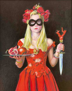 Titti Garelli - La Leggenda Della Melagrana: Opera appartenente al ciclo delle "Regine Gotiche". Acrilico su legno, cm 48x38. Firmato al retro. Ottimo stato. In cornice. ENG Work belonging to the cycle of the "Gothic Queens". Acrylic on wood,