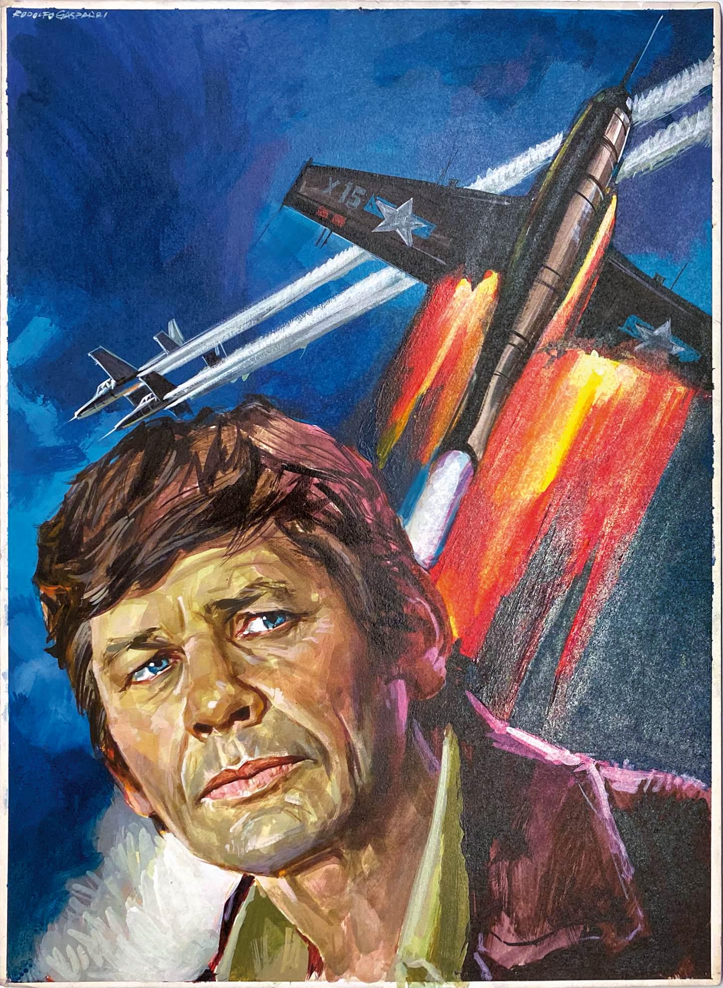 RODOLFO GASPARRI - Il Leggendario X-15: Esecutivo inedito per l'affisso del film di Richard Donner, con Charles Bronson, prodotto negli USA nel 1961 e distribuito in Italia nei primi anni '60. Tempera su cartone, cm 51x36,5. Firmato. Ottimo