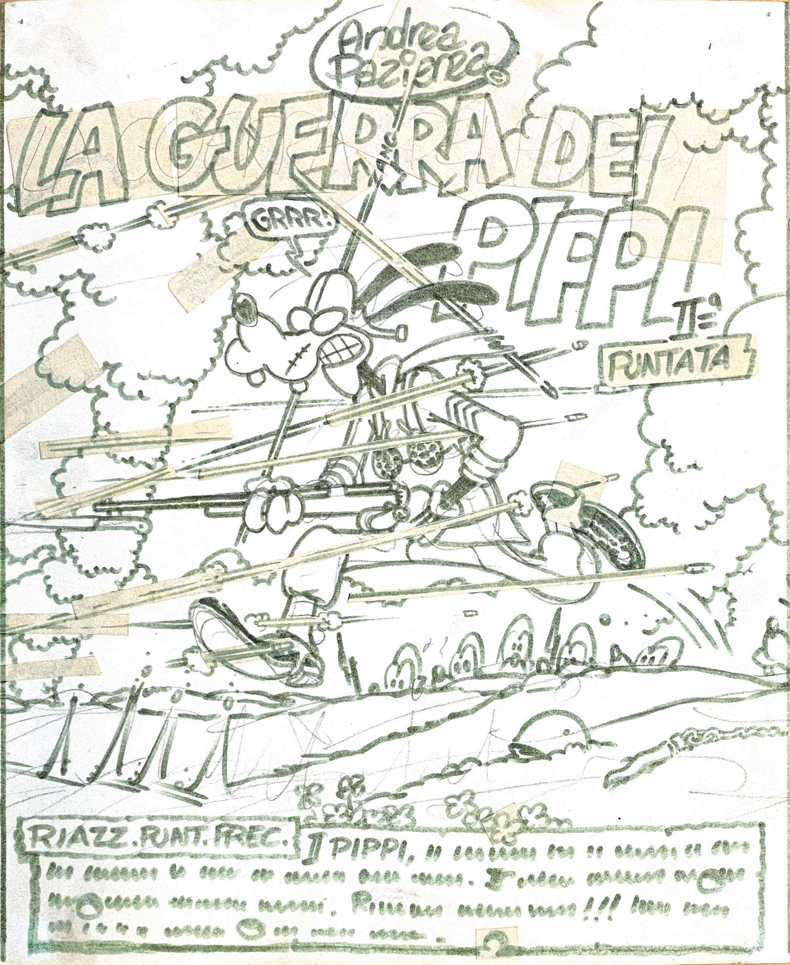 ANDREA PAZIENZA - La Guerra dei Pippi: Illustrazione inedita. Matita e acquerello su carta. Cm 30,5x24,5. Non datata ma anni '80. Buono stato. ENG Unpublished illustration. Pencil and watercolor on paper. Cm 30,5x24,5. Not dated but 80s. G