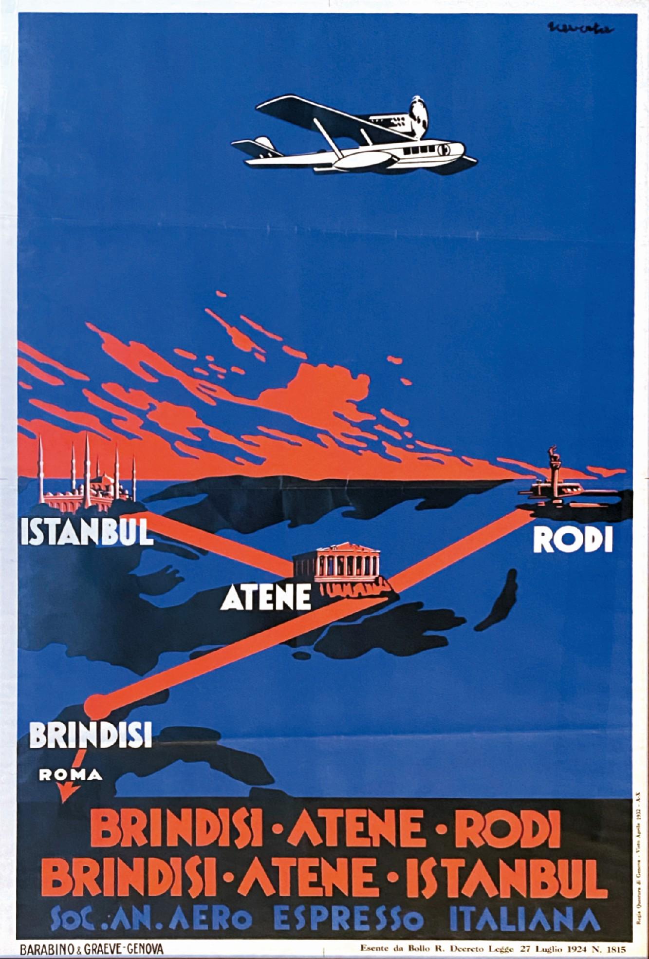 RAVERTA - Brindisi - Atene - Rodi: GIUSEPPE RAVERTA - Brindisi - Atene - Rodi. Affisso originale, 1939. Cm 100x62. Impresso da Barabino & Graeve Genova. Firmato in alto a destra. QualitÃ A-: pieghe d'archivio ma eccellente stato. In