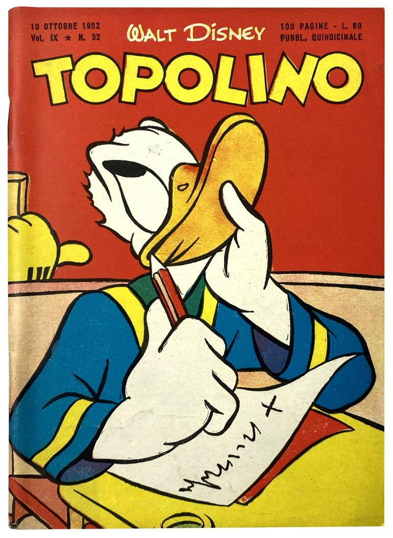 Topolino libretto n. 52: Mondadori, 10 ottobre 1952. Spillato cm 18x13. Completo di bollino e giochi non giocati. Minimo accenno di scriminatura bianca al dorso, peraltro esemplare fresco ed eccellente.