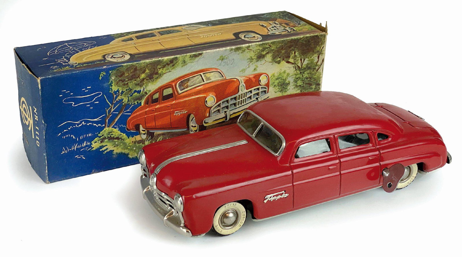 Tippco Hudson Limousine 1110: Ditta Tipp&Co, Germania, 1952 circa. Modello in latta serigrafata. Lunghezza cm 25x7. Movimento a molla, ruote sterzanti. Meccani- smo da revisionare, chiavetta originale. In scatola originale cm 26x9