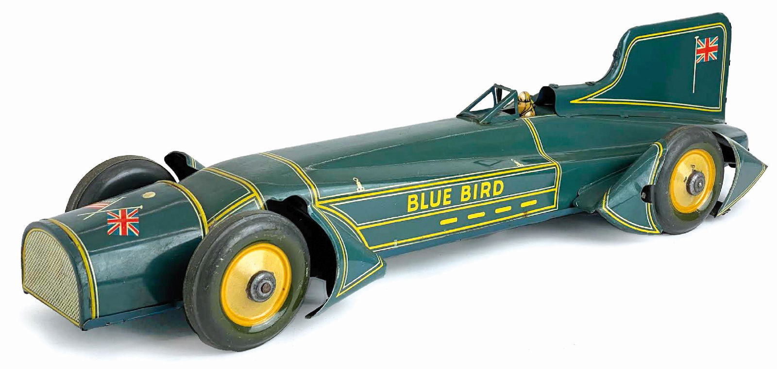 Captain Campbell's Blue Bird: Ditta Gunthermann, Germania, 1931 circa. Modello auto da record in latta litografata. Lunghezza cm 49x13. Con carica a molla, scatola originale. Funzionante. Ottime condizioni, completo di chiavetta o