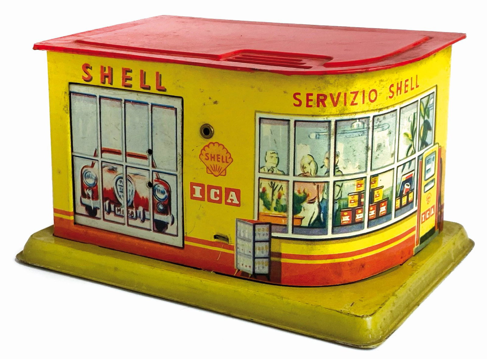 Salvadanaio Shell ICA: Ditta ICA, Italia, anni '50. Modello in latta serigrafata. Cm 15x9x9. Con chiavetta per apertura sportello inferiore per recuperare le monete. PressochÃ¨ nuovo. ENG Italy, 1950s. Lithographed tin mo