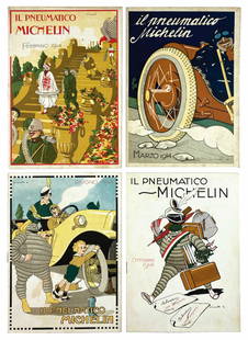 BISCARETTI - Il Pneumatico Michelin: Lotto composto da 4 riviste, 1914. Edite dall'Agenzia italiana pneumaÂ­tici Michelin. Febbraio, marzo, giuÂ­gno, ottobre. Numeri progressivi nn. 51, 52, 55, 57. Spillate cm 24,5x17; pp. 24