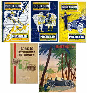 Bibendum L'Auto strumento di lavoro Michelin: DUDOVICH, BERNARDINI, BISCARETTI - Bibendum - Lâ€™Auto strumento di lavoro Michelin. Lotto composto da 5 riviste: "BiÂ­bendum anno II", 1925 - 1926, nn. 26, 27, 28. Spillate cm 22x15; pp. 16.