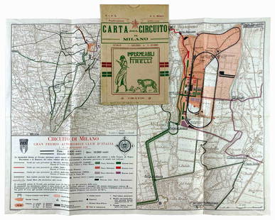 Carta del Circuito di Milano Pirelli: Carta del Circuito di Milano promozionale Pirelli. Carta edita in occasione del Gran Premio Automobile Club d'Italia, settembre 1922. Impressa da ufficio cartografico del T. C. I. Cm 40x53. Perfetta,