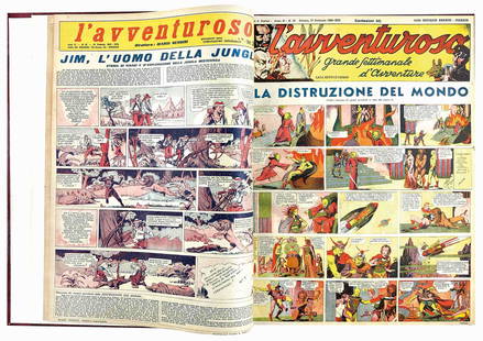 Avventuroso Giornale 1935: Annata completa da n. 13 a 64. Prosegue "La Distruzione del Mondo" e iniziano le avventure di "Gordon nell'Impero di Min" e "Mandrake l'Uomo del Mistero". RiÂ­legata, rifilatura accettabile (cm