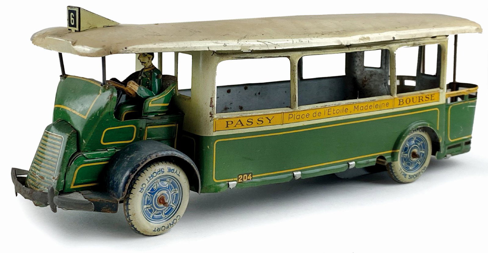 Autobus Charles Rossignol n. 204 Passy-Bourse: Autobus Charles Rossignol n. 204 Passy - Bourse. Francia, anni '30. Latta serigrafata. Cm 30x8x10. Meccanismo funzionante con conducente. Buono stato. ENG France, 1930s. Lithographed tin model. Cm 30x