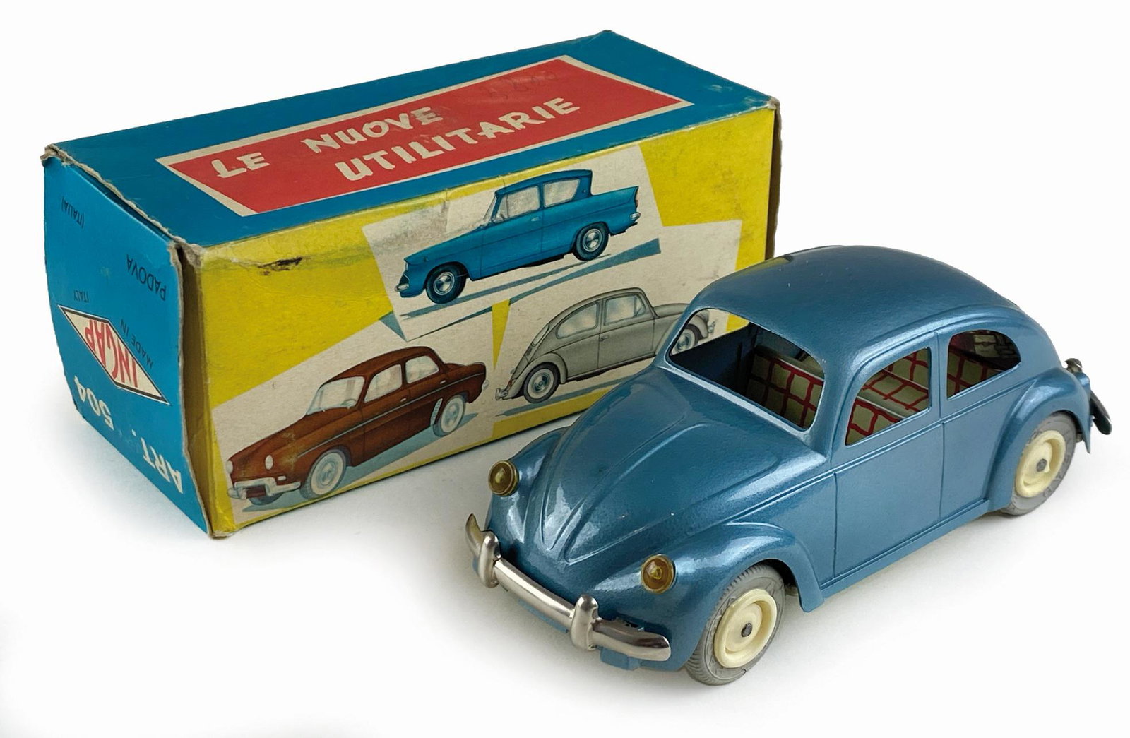 Auto Volkswagen Ingap n. 504: Ditta Ingap, Italia, anni '50. Latta serigrafata. Cm 15x6x5. Meccanismo a frizione con marcia avanti e retromarcia funzionante. In confezione originale, cm 15,5x6,5x6,5. Ottimo stato. ENG Ditta Ingap,