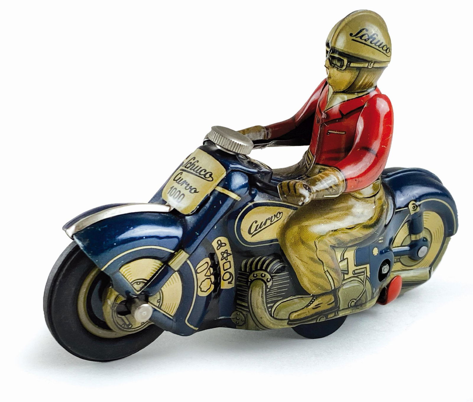 Moto Schuco Curvo 1000: Ditta Schuco, U.S - zone Germany; anni '40. Modello in latta serigrafata. Cm 12x4x8,5. Funzionamento a molla. Pubblicato nel catalogo “Schuco Legendäres spielzeug”, Battenberg Verlag, 2007, a pag