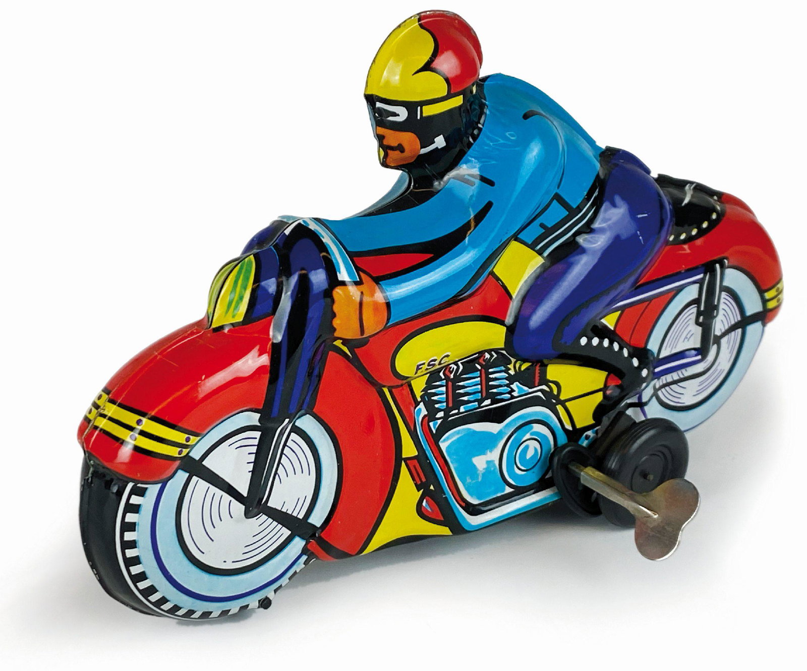 Motocicletta N. MF-F.S.C. Takatoku: Lotto composto da sette motociclette anni '60. Motocicletta della polizia MF 162 Cina, anni '60, a frizione, latta serigrafata, cm 16x7x10. Motocicletta Siro Ferrari anni '60, a molla con chiavetta or