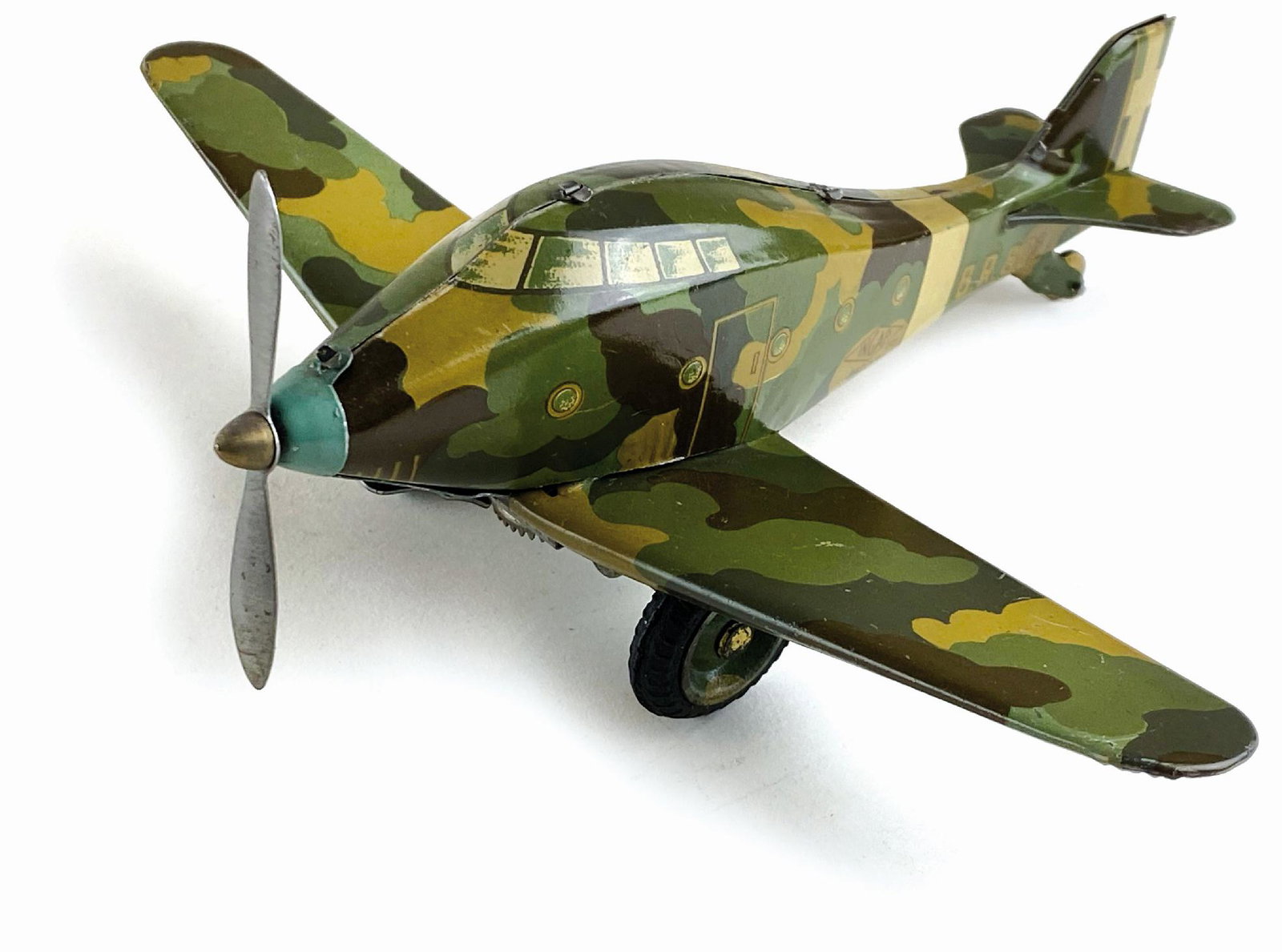 Aeroplano Militare B.R. Ingap n. 801: Ditta Ingap, Italia, 1940 circa. Latta litografata. Cm 16,5x20x7. Meccanismo a molla con chiavetta integrata al di sotto della fusoliera, con elica girevole e ali smontabili. (Pubblicato in Giocattoli