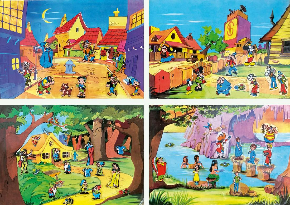 Diorami Walt Disney con trasferibili: Serie composta da 4 diorami: Biancaneve, Pinocchio, Peter Pan, Topolinia-Paperopoli. Anni '60/70. Ciascuno cm 25,5x34. Senza indicazioni di fabbricazione. I disegni sono ripresi dalla serie Plasteco d
