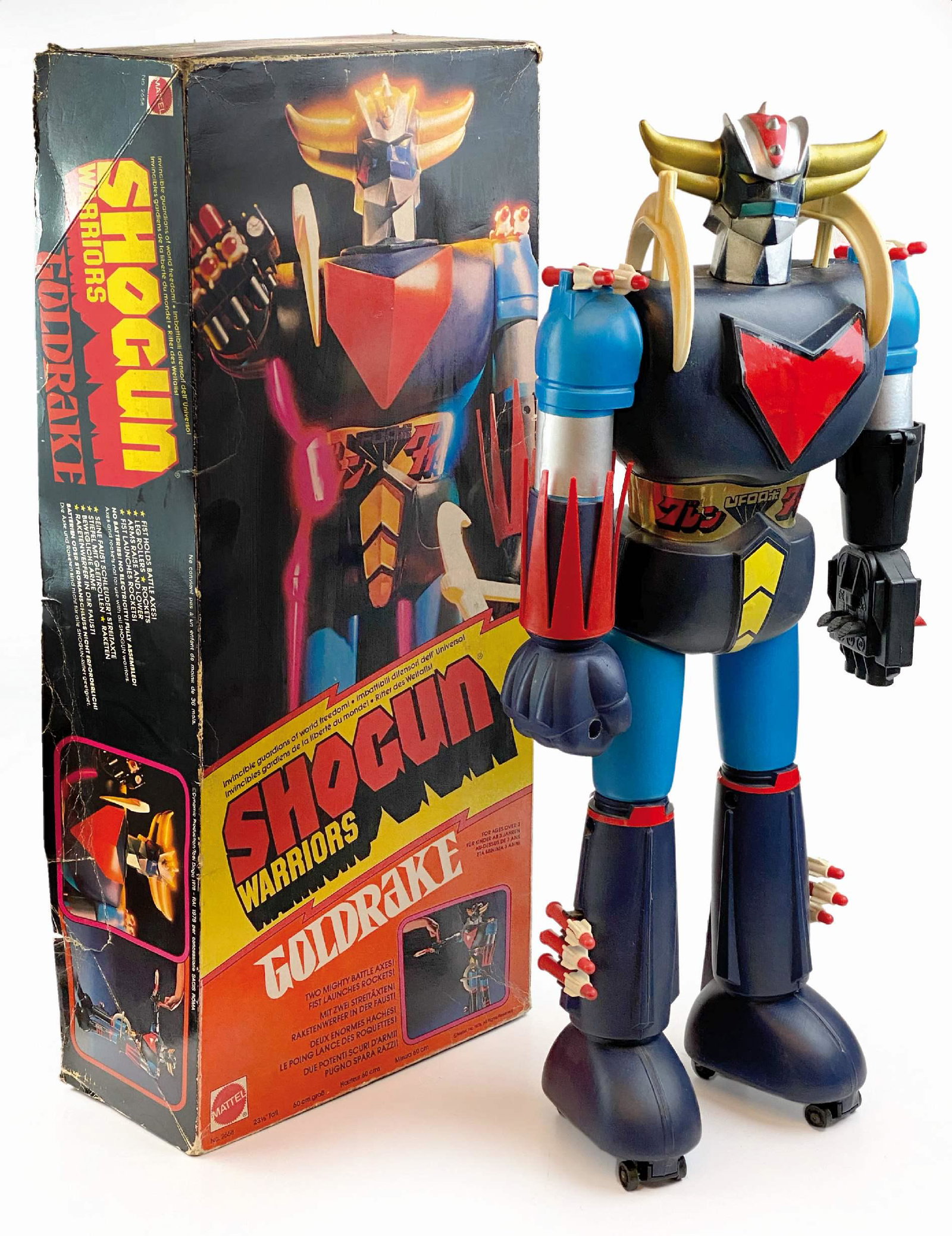 Grendizer Mattel Goldrake Shogun Warriors: Ditta Mattel, USA, 1978. Goldrake in plastica con arti movibili in confezione originale; cm 61,5x25,5x12. Robot in ottimo stato, privo di alabarda e con piccolo frammento di plastica mancante al bracc