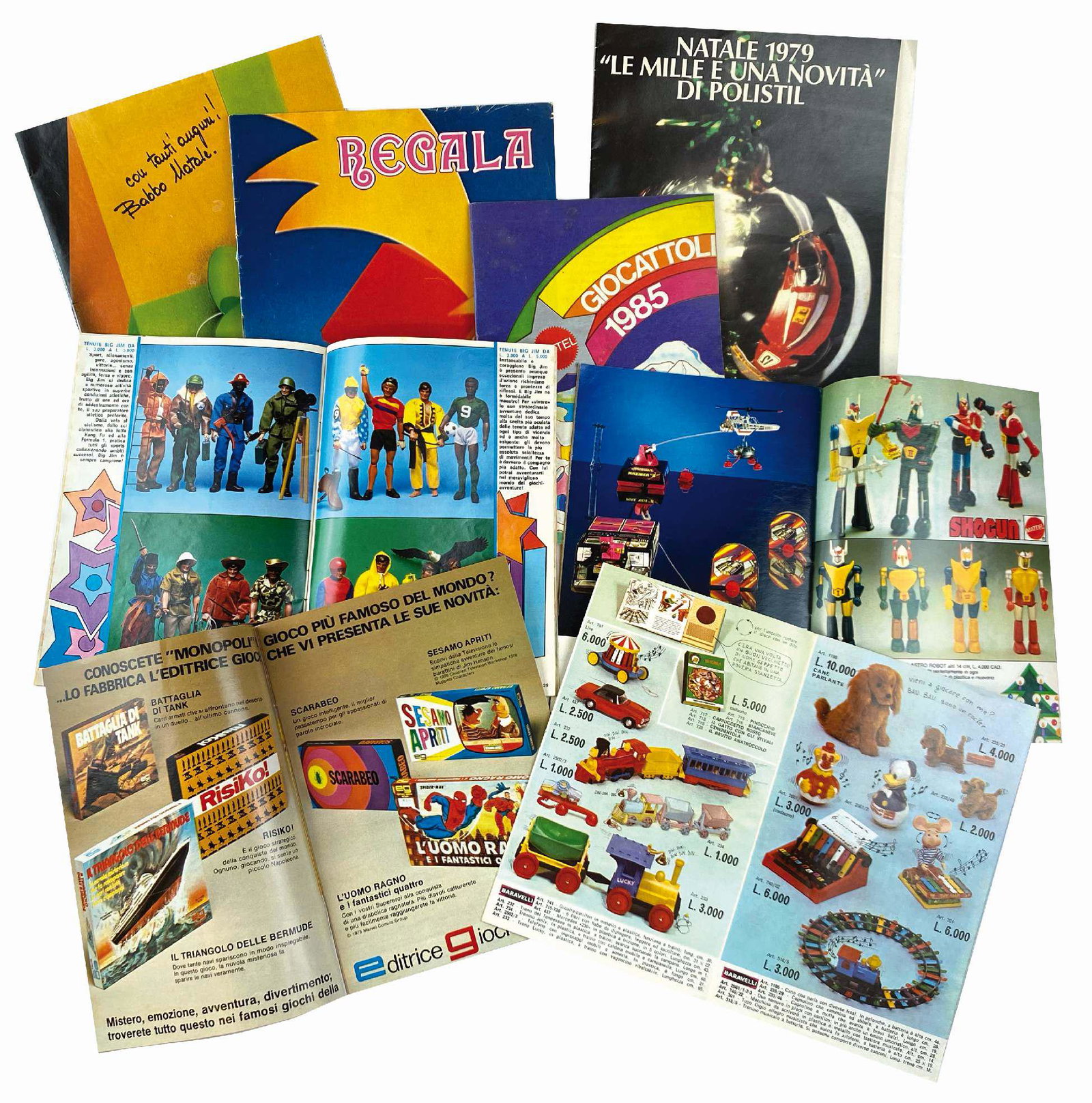 Cataloghi Mattel e Baravelli: Lotto composto da 8 cataloghi, 1978-1985. Sei cataloghi Mattel. Spillati cm 19x13/ cm 21,5x17. Illustrati a colori; promuovevano con foto e schede dettagliate, giochi in scatola tra cui Barbie e la Co