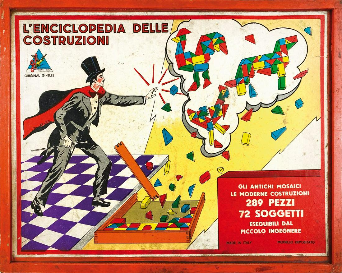 L'enciclopedia delle costruzioni: Ditta Original Gi-Elle, Italia, anni '60. Confezione illustrata originale in legno, cm 36x29x5. Contenente le istruzioni originali con vari esempi di costruzioni realizzabili e completa di tutti gli e