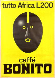 TESTA - Caffe' Bonito Tutto Africa: ARMANDO TESTA - Caffe' Bonito Tutto Africa L.200. Affisso litografico, anni '60. Impresso da Silk - Graf Novalito, Torino. Cm 100x70. QUALITA': A. ENG Lithographic poster, 1960s. Cm 100x70. QUALITY: A