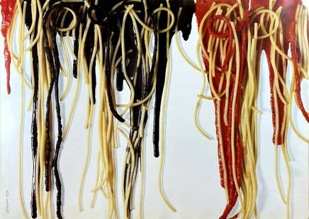 TESTA  -  Spaghetti su Tela, Poltrona: ARMANDO TESTA - Spaghetti su Tela, Poltrona di patate. Coppia di affissi offset, anni '90. Impressi a cura dell'artista. Cm 50x68 ciascuno. Eccellente stato. ENG Pair of offset posters, 1990s. Cm 50x6