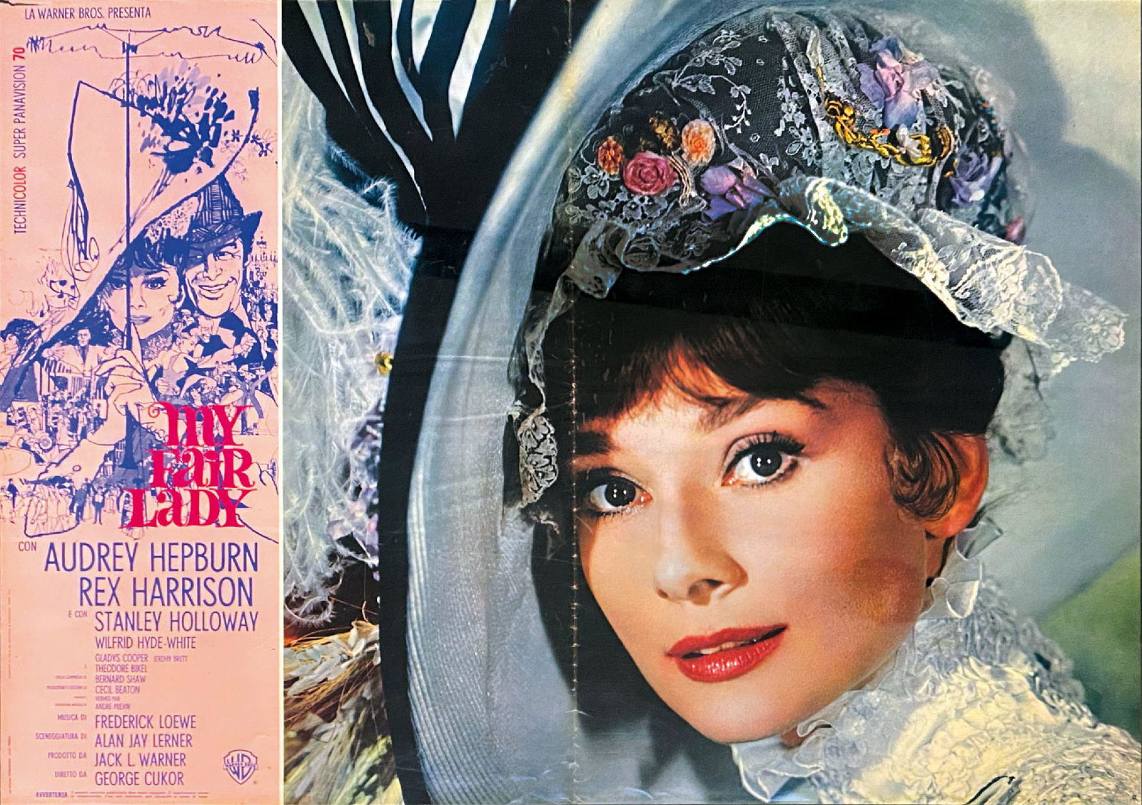 BOB PEAK - My Fair Lady: Lotto di 6 soggettoni e 8 fotobuste in busta originale in prima edizione italiana, 1964, Vecchioni & Guadagno - Roma. Tratto dalla commedia di Bernard Shaw. Diretto da George Cukor. Soggettoni cm 67x9
