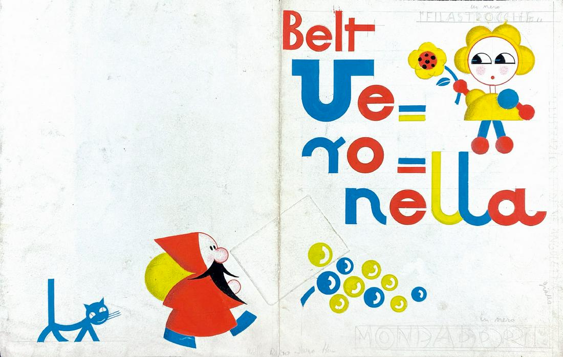 BRUNO ANGOLETTA - Veronella: Originale di copertina a sviluppo intero per il volume della collana â€œGiro giro tondo”, Mondadori, anni '20. A cura di A. Beltramelli. Tempera e collage per correzione editoriale su carton