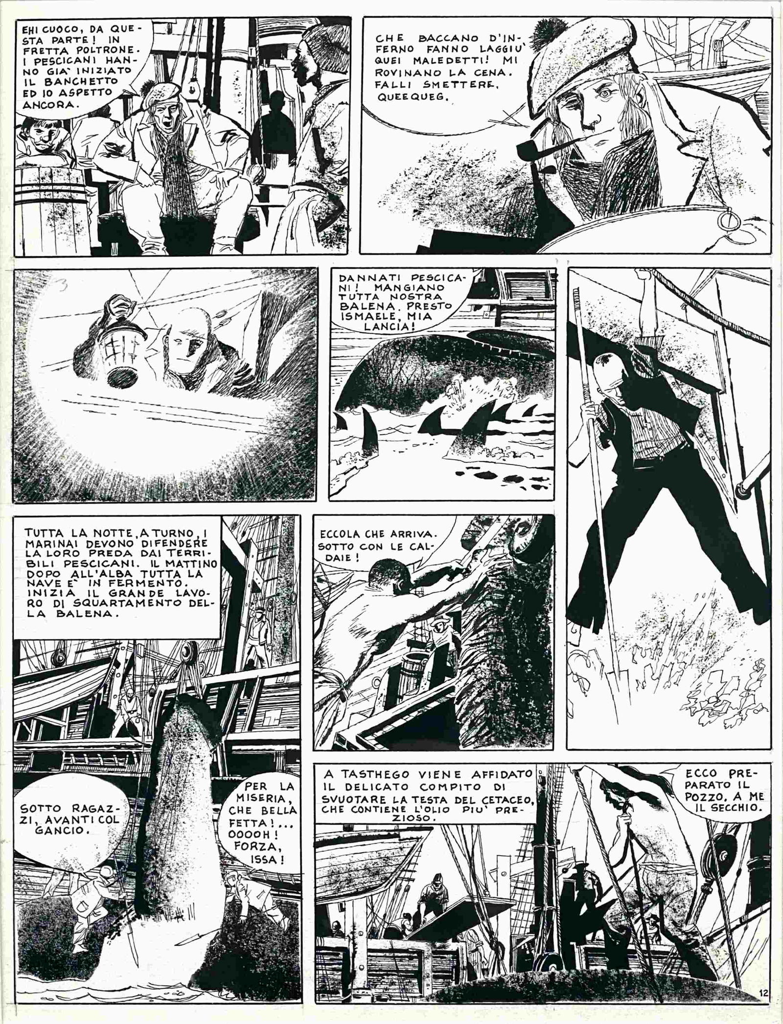 DINO BATTAGLIA - Moby Dick: Tavola originale per l'adattamento a fumetti dal romanzo di Melville, pubblicata sulla rivista â€œSgt Kirk” di Ivaldi nel 1967. 12Â° tavola; matita e china su cartoncino. Cm 36x27. Eccelle