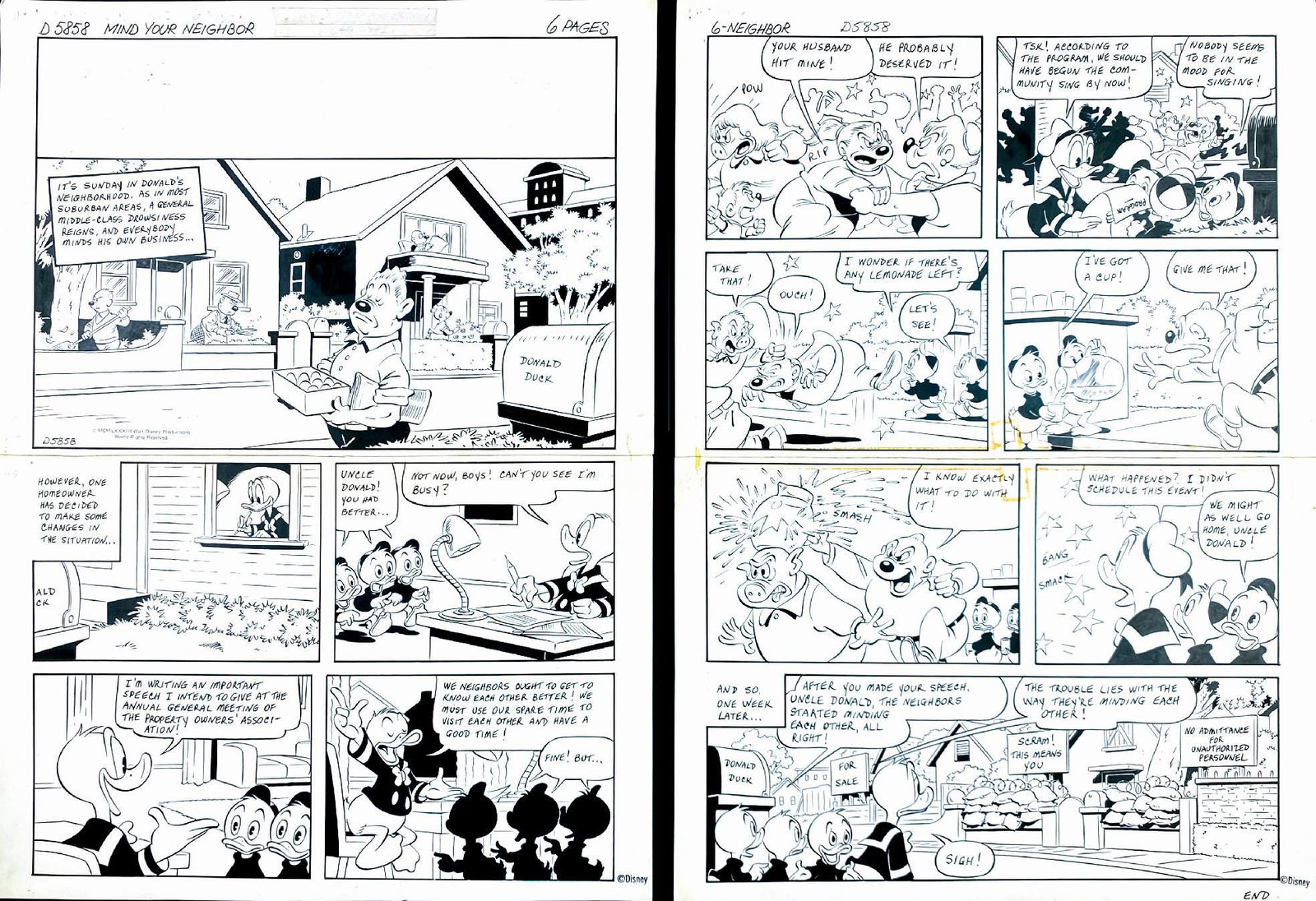 VICAR - Donald Duck Mind your Neighbor: VICAR (PSEUD. VICTOR JOSE ARRIAGADA RIOS) - Donald Duck: Mind your Neighbor. Coppia di tavole, iniziale e finale, per la storia di 6 pagine pubblicata da Egmont nella rivista â€œKalle Anka & Co.&r