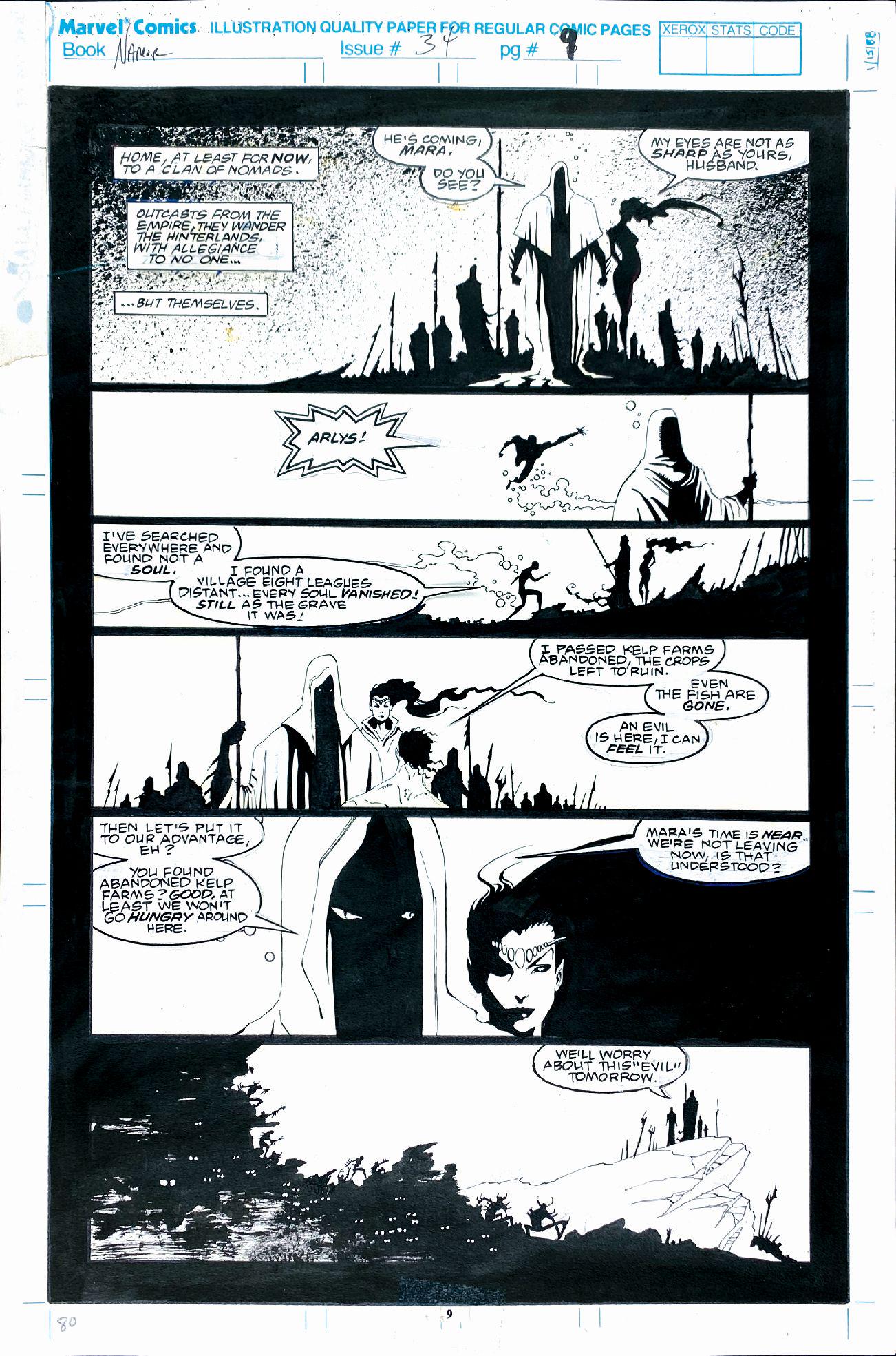 JAE LEE - Namor: Current of War!: Tavola originale pubblicata a pag. 9 del n. 34 di â€œThe Savage Namor The Sub-Mariner”, Marvel Comics, 1992. Un'oscura minaccia attende il Clan dei Nomadi al loro ritorno a casa. Tecnica mis