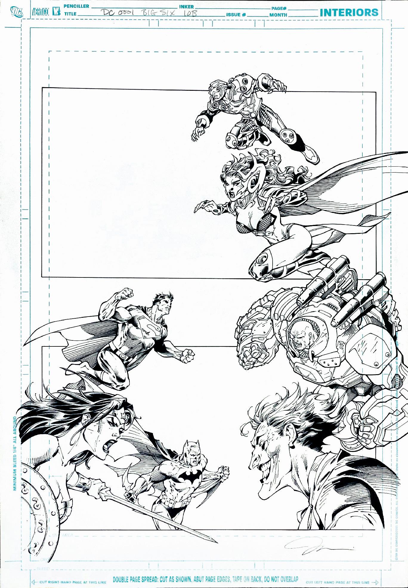 JIM LEE - DC Universe: Big Six: Tavola originale per â€œDC Universe Online”. Matita e china su cartoncino professionale DC, cm 43x29,5. Firmata. DC Universe Ã¨ un videogioco online free-to-play ambientato nell'universo D