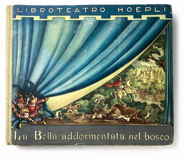 ZAMPINI - La Bella addormentata: MARIANO ZAMPINI - La Bella addormentata. Collezione libroteatro Hoepli, 1943. Cartonatura mz tela editoriale, cm 23x26. Sguardie figurate, 6 diorami animati a doppia pagina. Completo del libretto