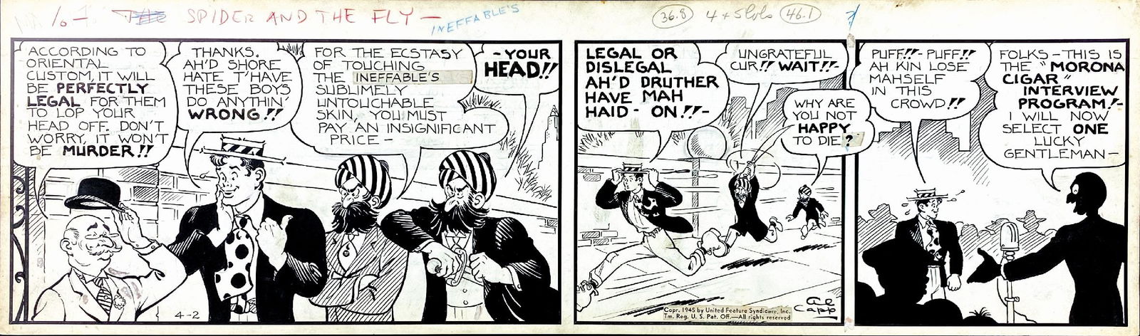 AL CAPP - Li'l Abner: Spider: AL CAPP - Li'l Abner: Spider and the Fly. Striscia giornaliera edita il 2 aprile 1945. Firmata alla seconda vignetta. Matita e china su cartoncino, cm 17x58. Buono stato. ENG Daily strip published on