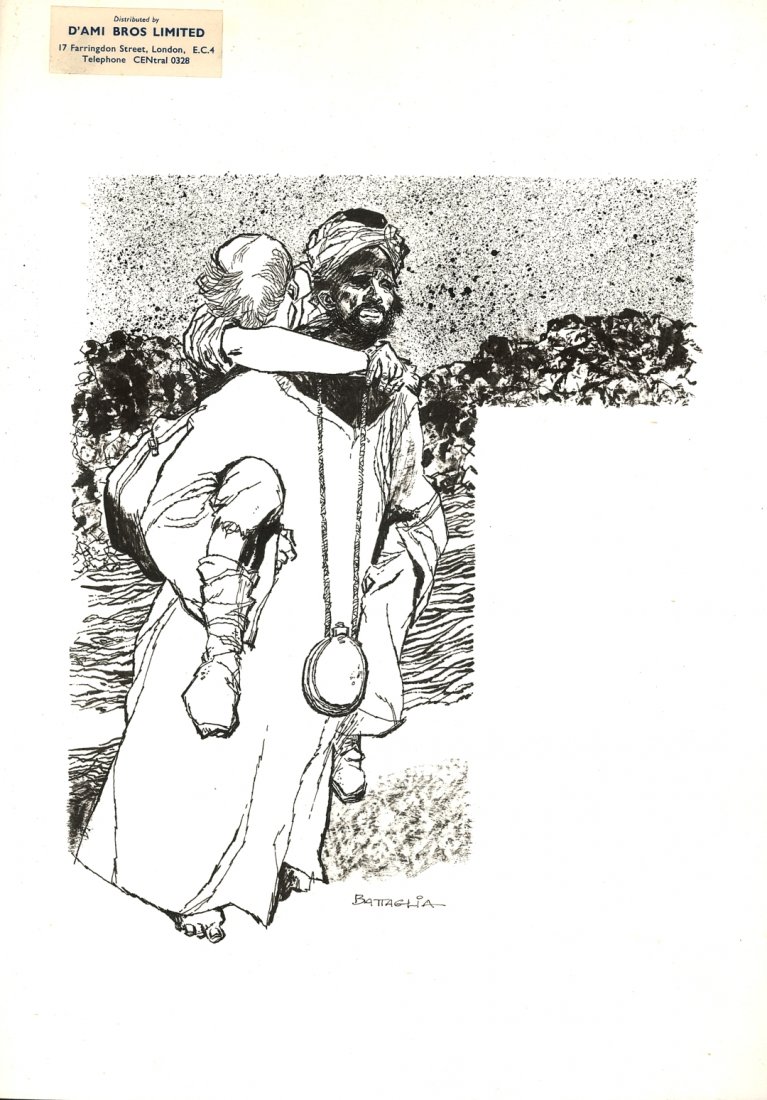 DINO BATTAGLIA, Persi nel deserto: Lost in the desert Pencil and ink on cardboard, signed, early 60's. Released for Studio Dami, London branch. Great condition. Illustrazione matita e china su cartoncino cm 23x33 (disegno cm 29x23), fi