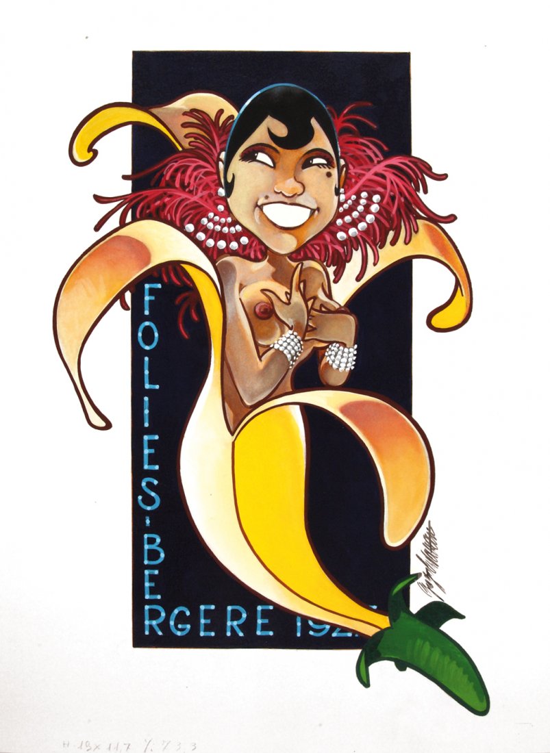 GIORGIO CAVAZZANO, Folies Bergères . Dedicato a Jos: Folies Bergères 1925. Dedicated to Josephine Mixed technique on cardboard cm 22x30,5. Signed. A tribute to the great actress from a great humoristic artist. Tecnica mista su cartoncino. Firmato.